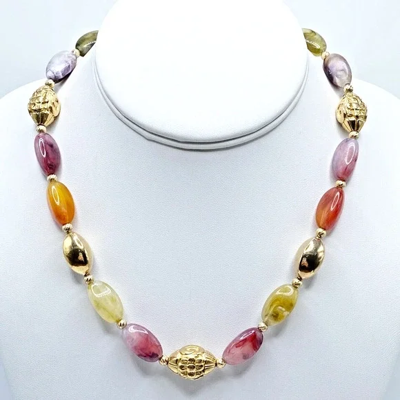 Vintage Napier Lucite Marbled Faux Stone Gold Tone Beaded Necklace Colorful 16" - Picture 1 of 7